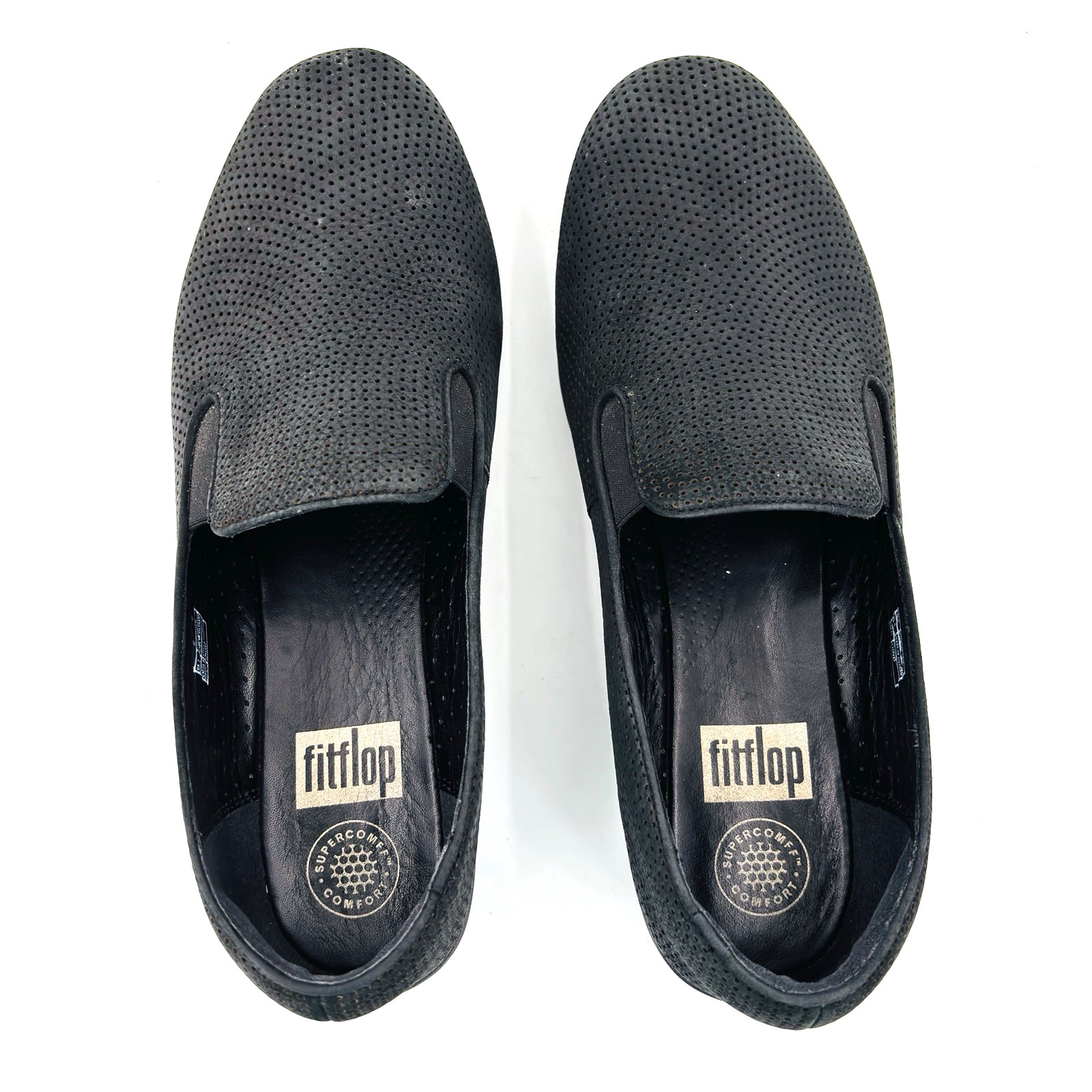 Womens 9 FitFlop SuperSkate Slip On Black Leather Loafers Shoes C27-001