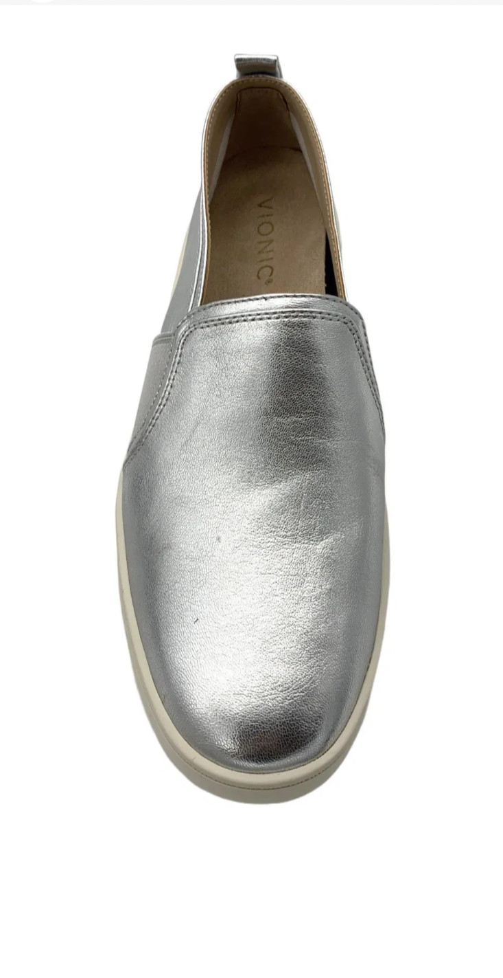 NEW HOT DEAL VIONIC Women’s Cambria Slip On Sneaker, Silver Leather (Authentic)