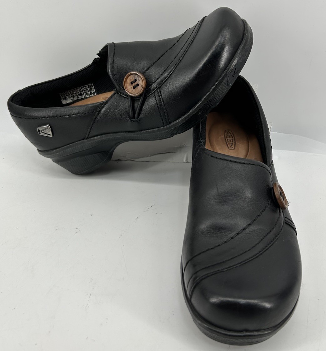 Keen Mora Button Black Leather Loafers Slip On Women’s Size 5