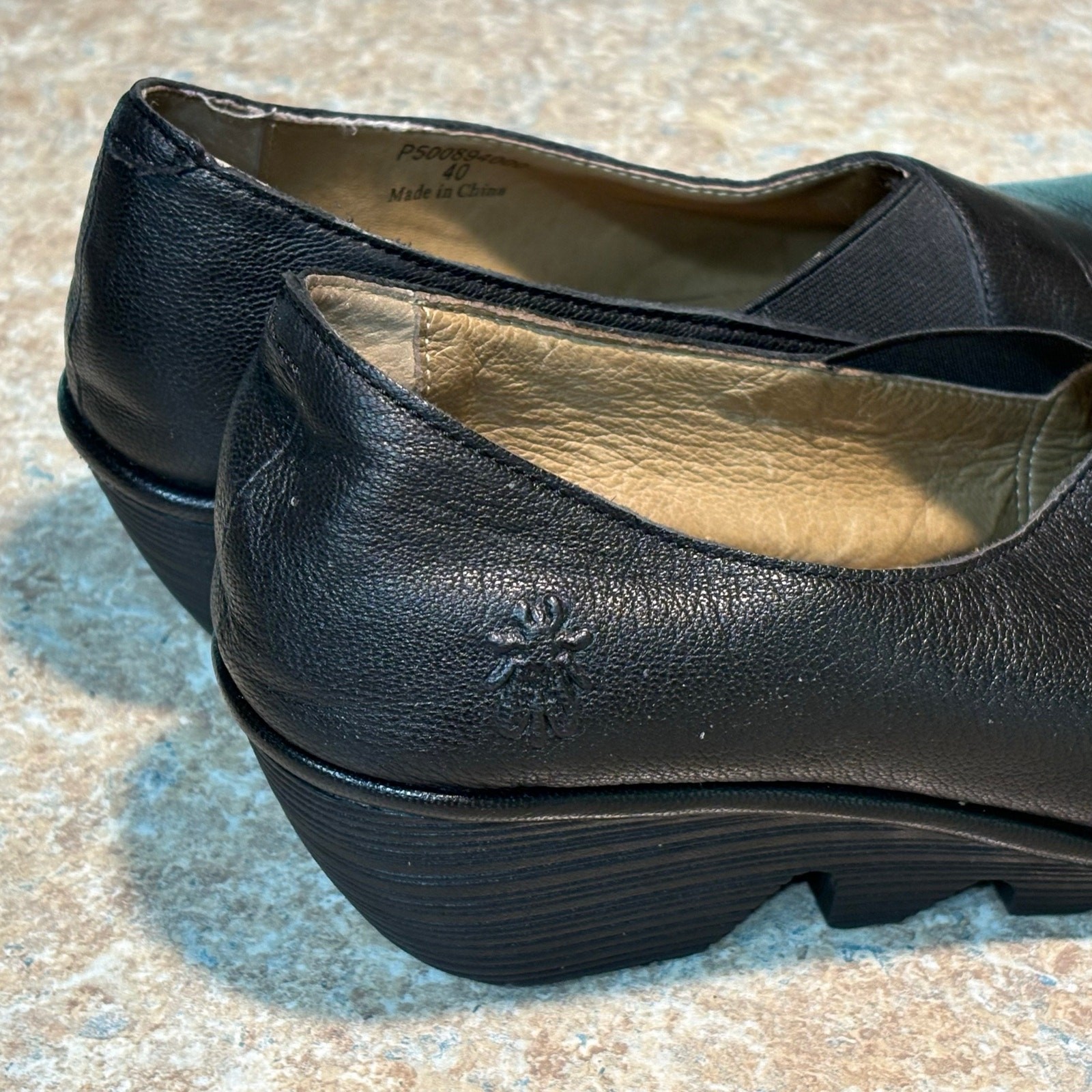Fly London Black Peso Wedge Classic Comfort Leather Slip on Shoes Size 40