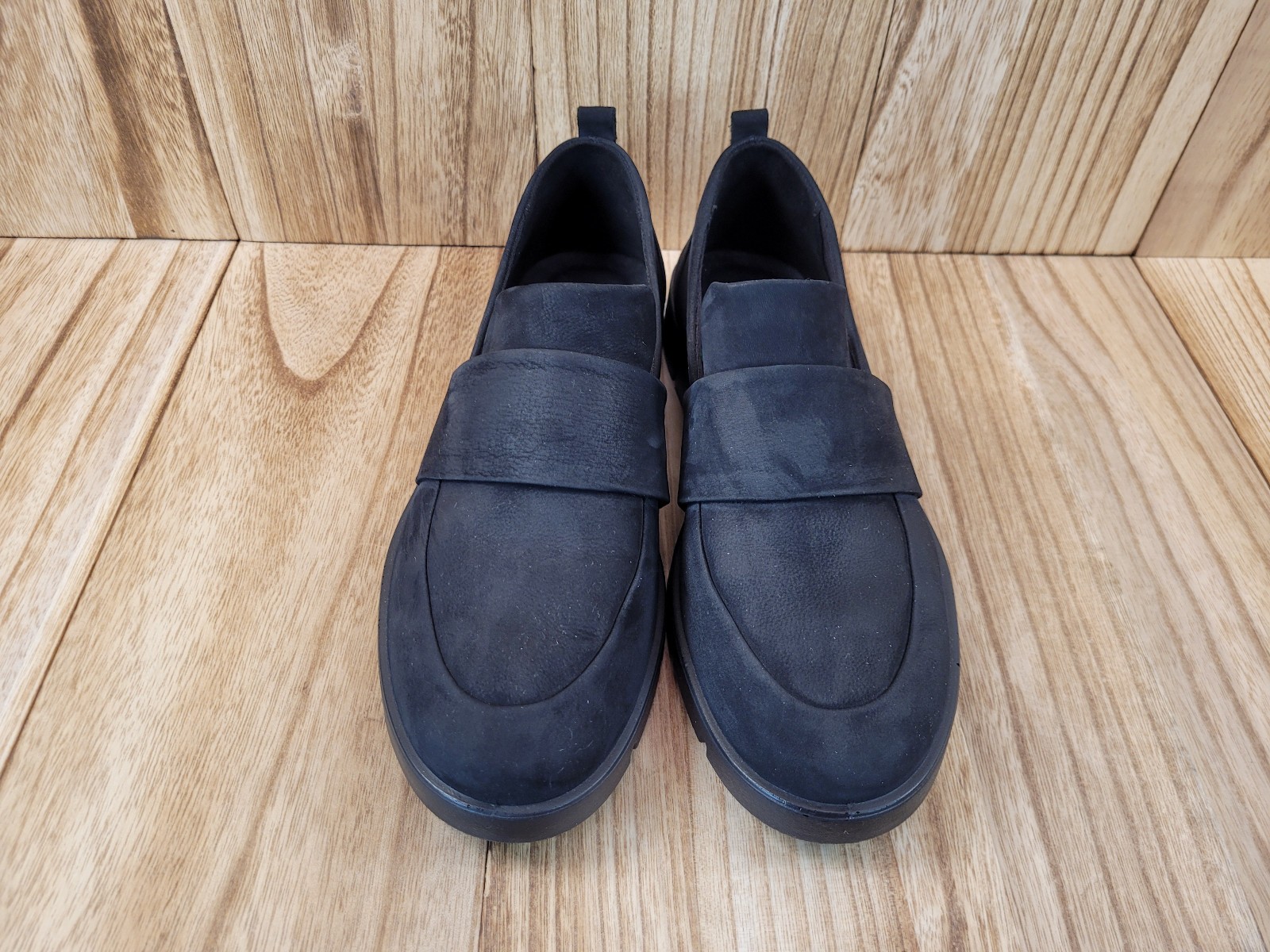 Ecco Bella Stretch Loafers Black Nubuck Slip On Flat Comfy Shoes Womens 8-8.5