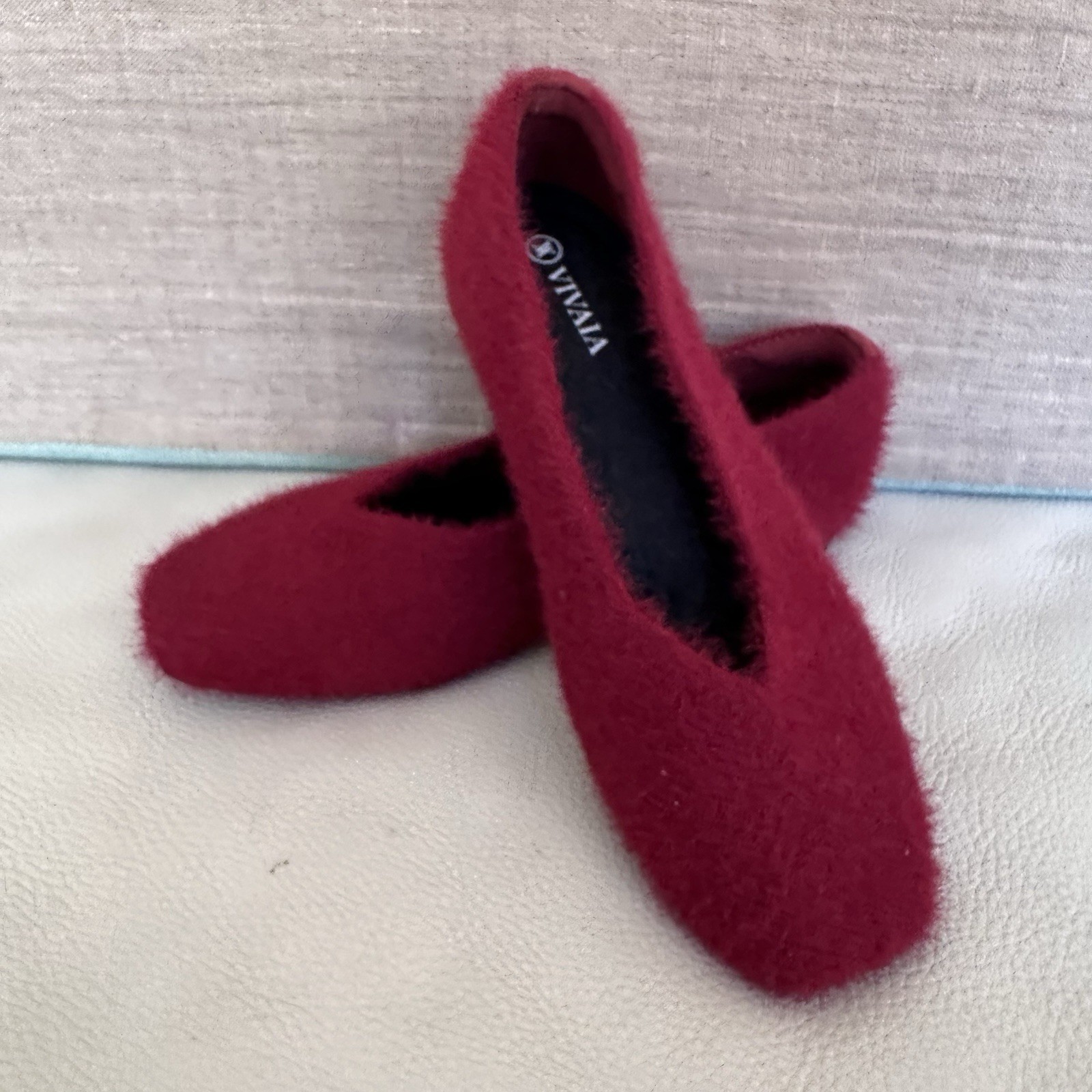 Vivaia Square Toe Recycled Mink K Faux Fur Flats Margot 2.0 Maroon 35.5 US 5.5