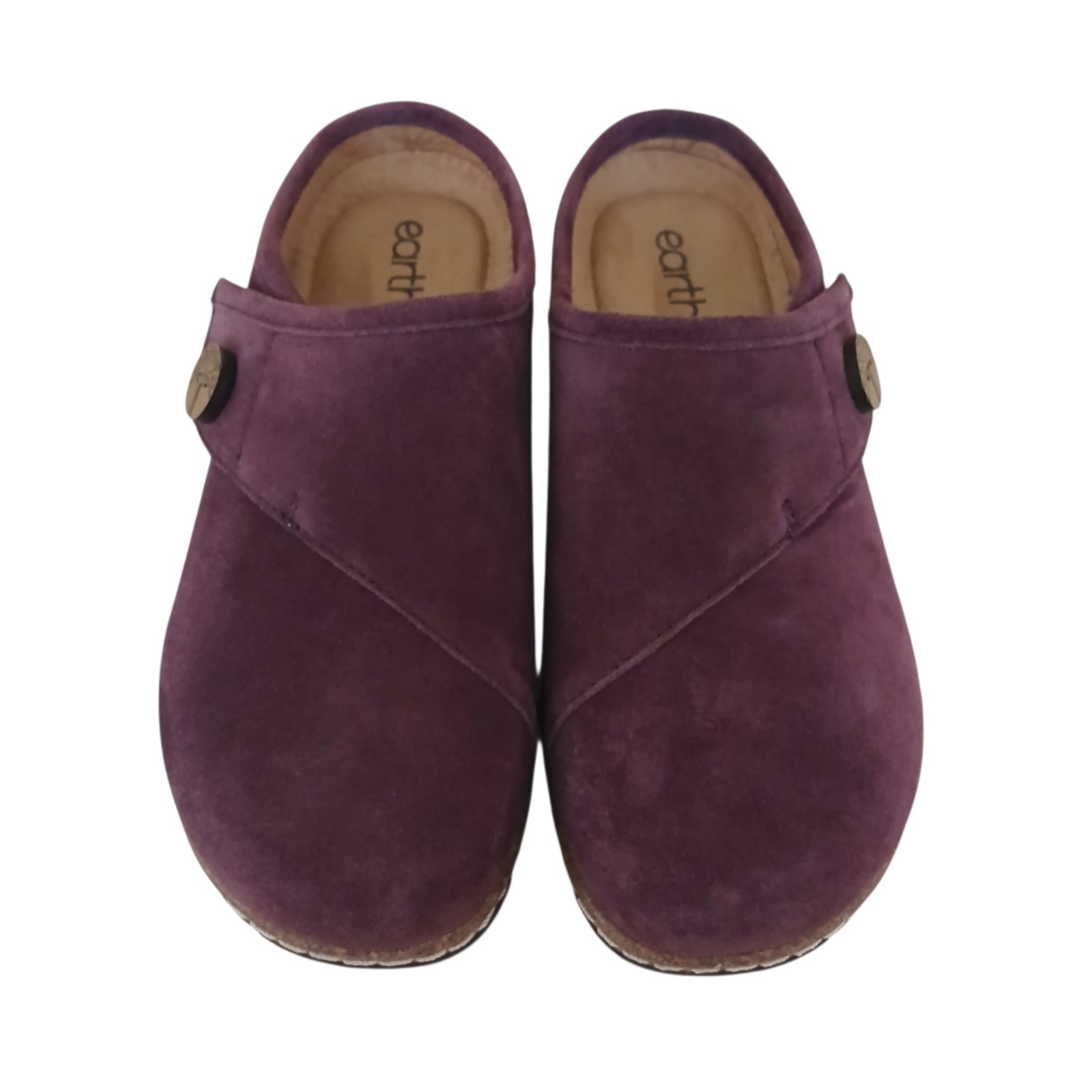 EARTH Ezra Suede Clogs Women’s 8 Purple Adjustable Slip On Comfort Cork Button