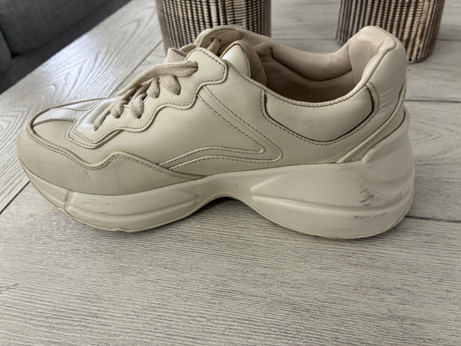 Gucci Rhyton Beige Logo Red-Green Stripe Leather Women’s Casual Sneakers