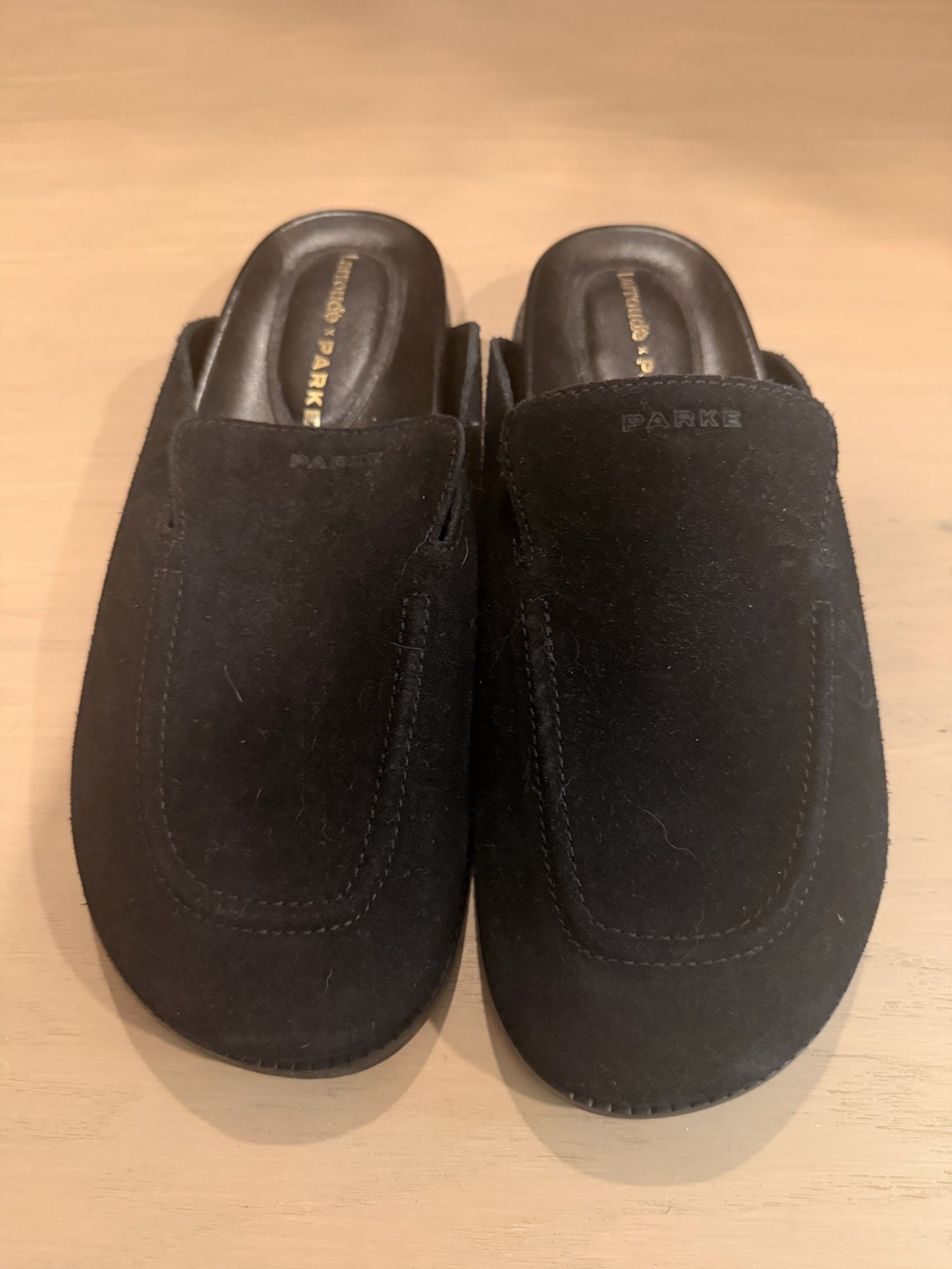 Larroude x Parke Black Suede Clogs