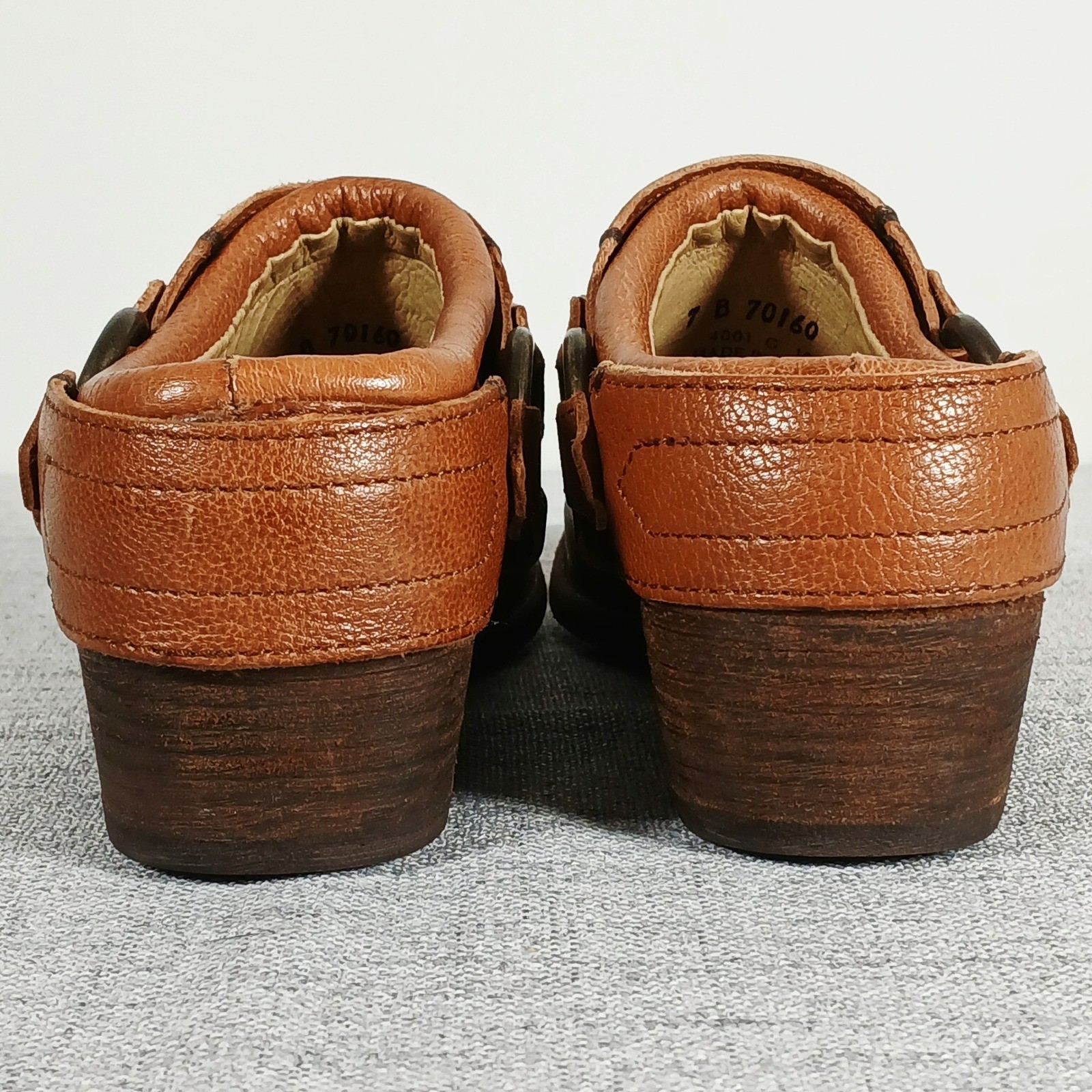Frye Western Core Harness Ring Pebbled Leather Block Heel Mules Brown Scuffed