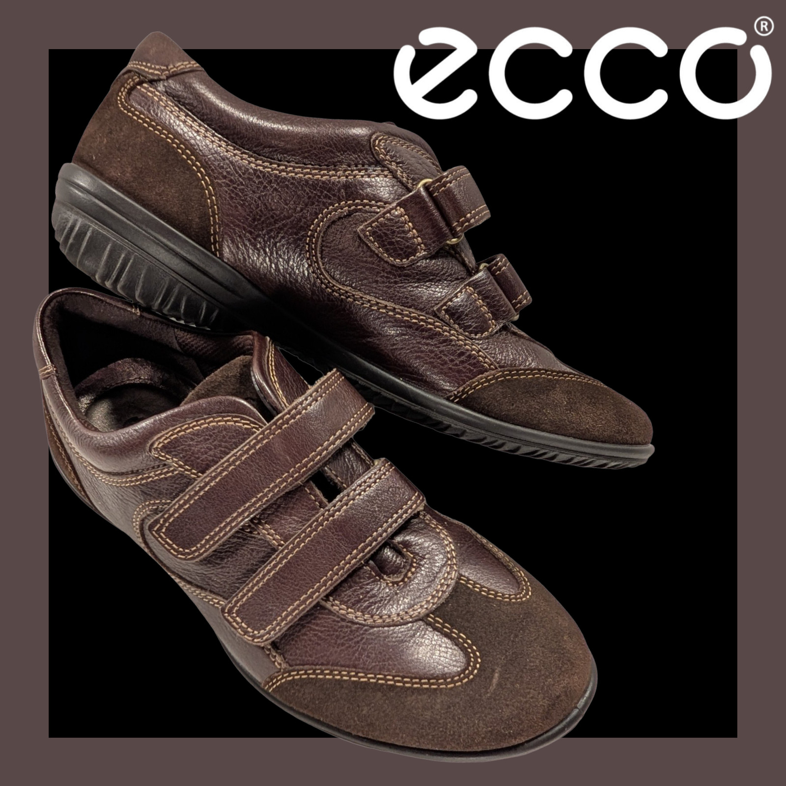 ECCO Brown LEATHER & SUEDE 2-Strap Sneaker WOMEN’S SHOES Comfort SIZE 36 / 5-5.5
