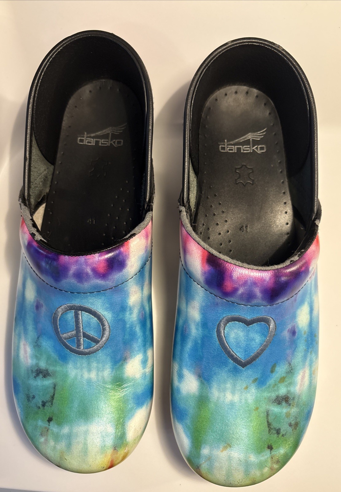 Dansko Professional Tie-Dye Heart & Peace Sign Clogs, Size: 41 ( US 10.5)