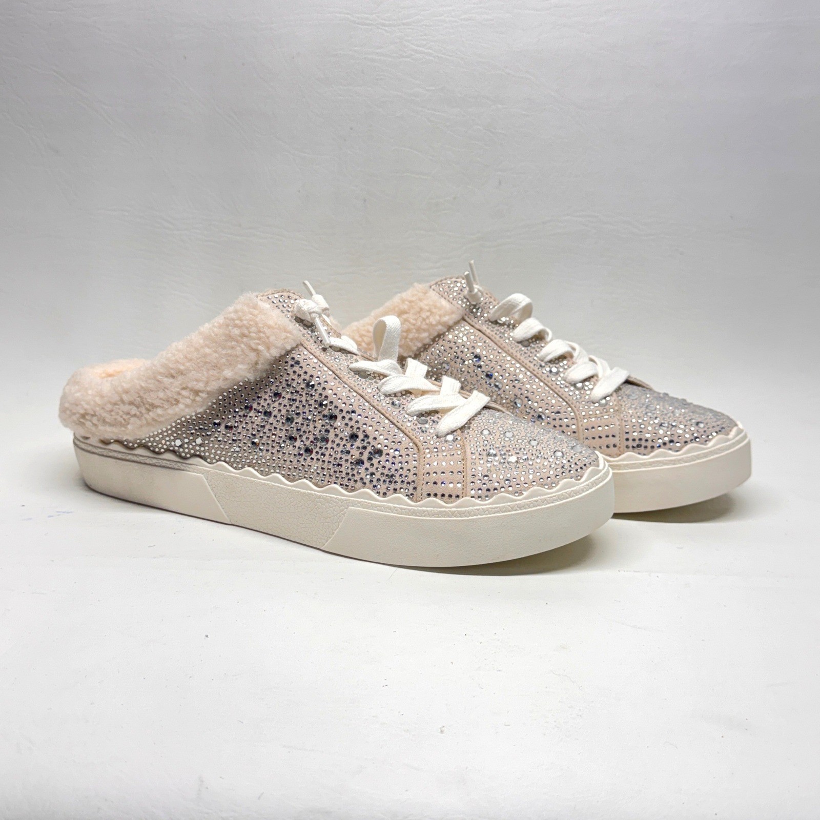 Anne Klein COURAGE-C Rhinestone Faux Fur Mule Sneakers Pink Silver Womens 9.5M