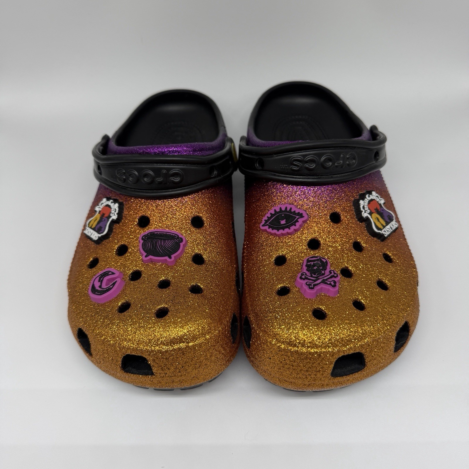 Disney Hocus Pocus Crocs Halloween Glitter Sanderson Sisters Jibbitz Sz W9 NWOT