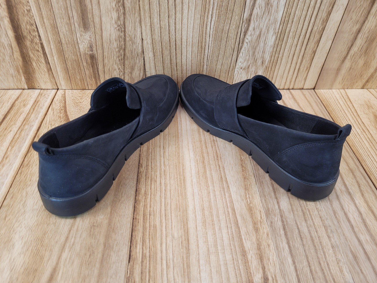 Ecco Bella Stretch Loafers Black Nubuck Slip On Flat Comfy Shoes Womens 8-8.5