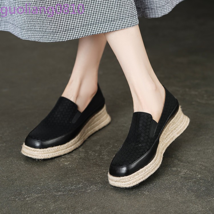 Weave Women’s Leather Casual Shoes Round Toe Platform Wedge Heel Loafer Platform
