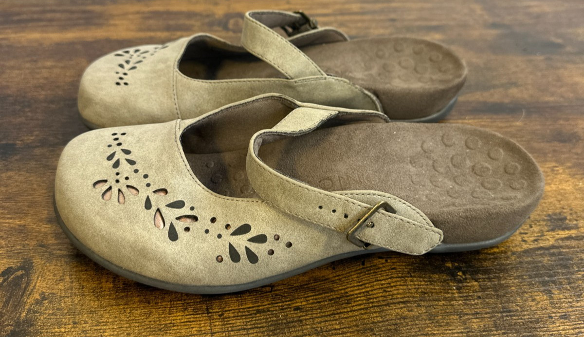 Vionic Rest Midway Mary Jane Mules Taupe Laser Cut Floral Orthotic Shoes Size 8