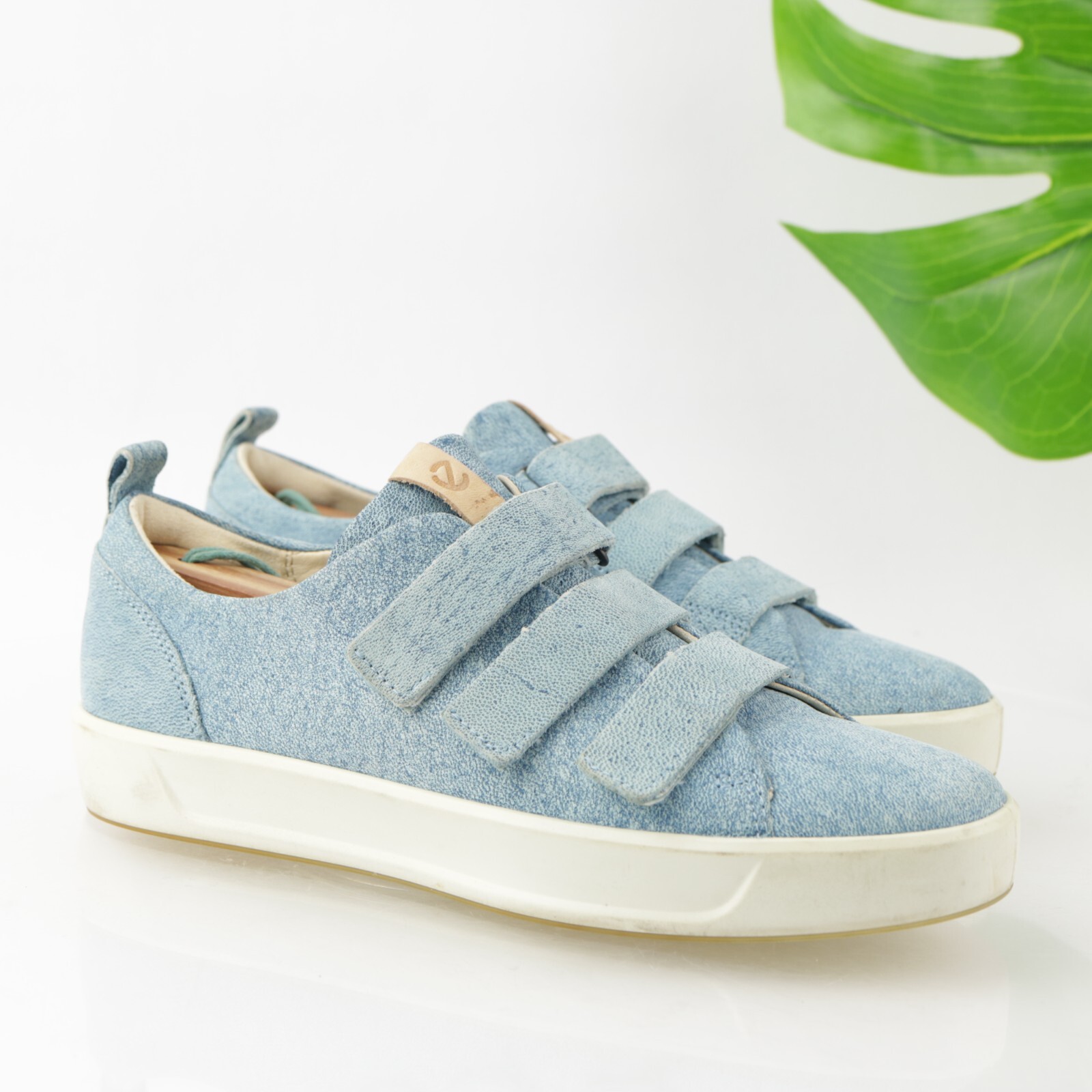 Ecco Womens Soft 8 Sneakers Size 8 Blue Leather Denim Triple Strap Comfort Shoes
