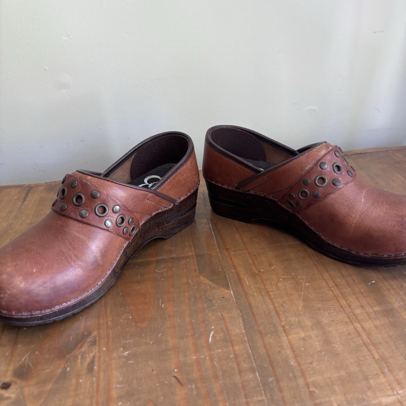 Sanita Caddo Brown Leather Studded Clogs-Size 37-US Size 5.5-6-Boho/Comfort