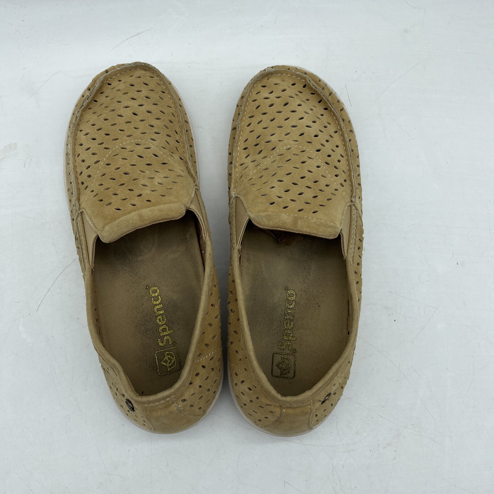 Spenco Bailey Slip On Loafer Flat Womens 8.5 Laser Cut Suede Brown Orthotic Shoe