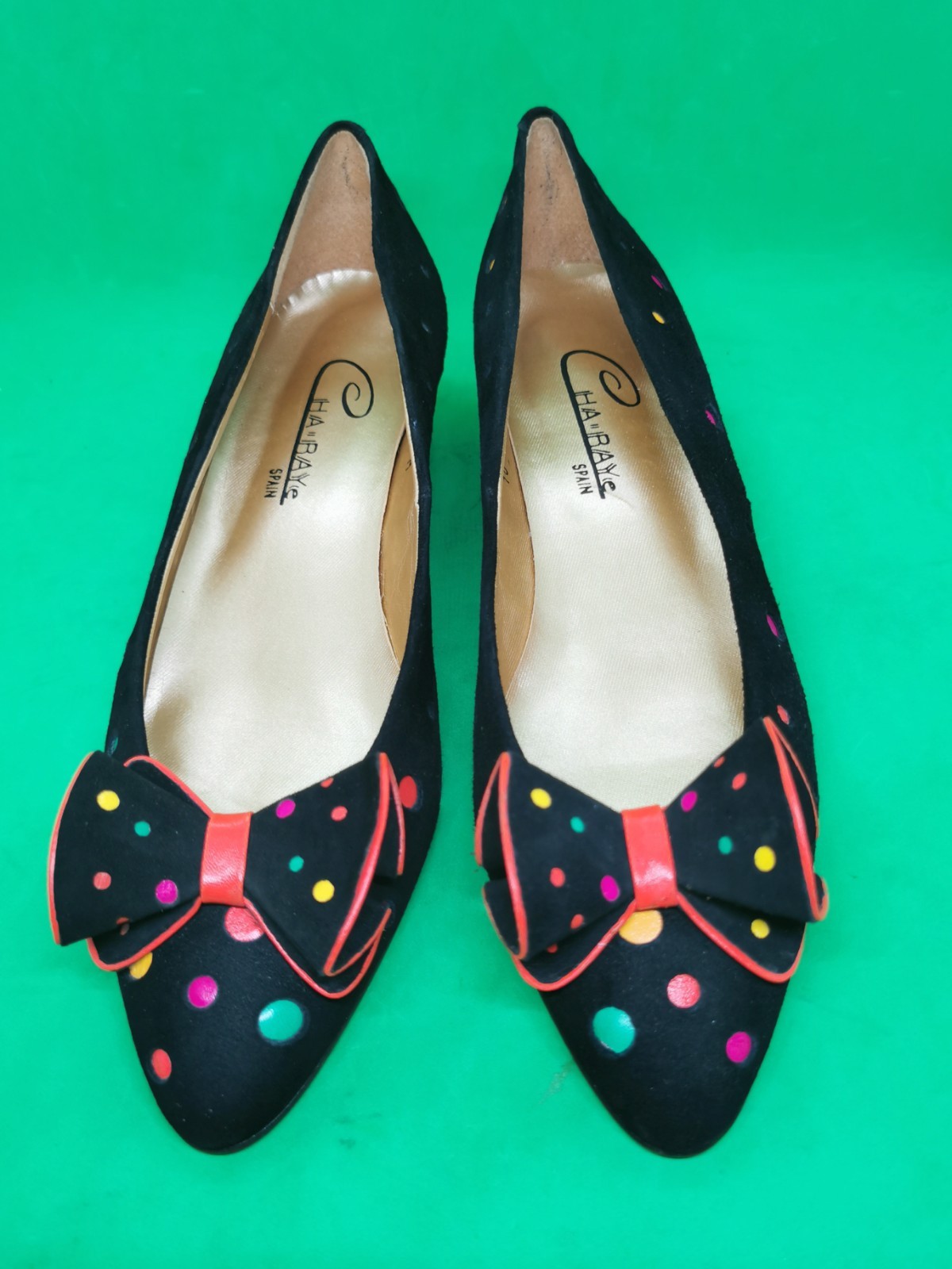 Deadstock Vtg 80’s 90’s Cha-Raye Spain Low Pumps Heel Dot Colorful Suede RARE 10
