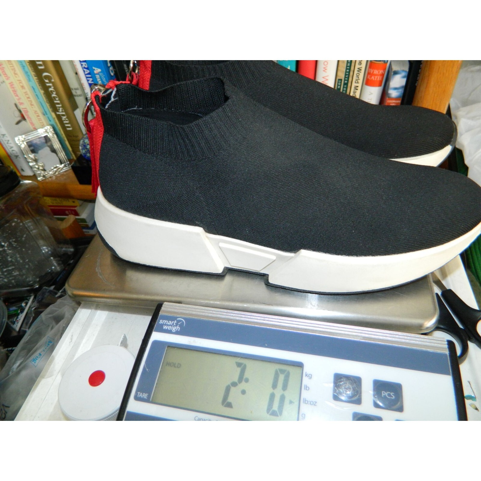 DKNY Marcel Wedge Flat Sneakers Black Stretchy Booties Size 10 Red Stripe Zipper