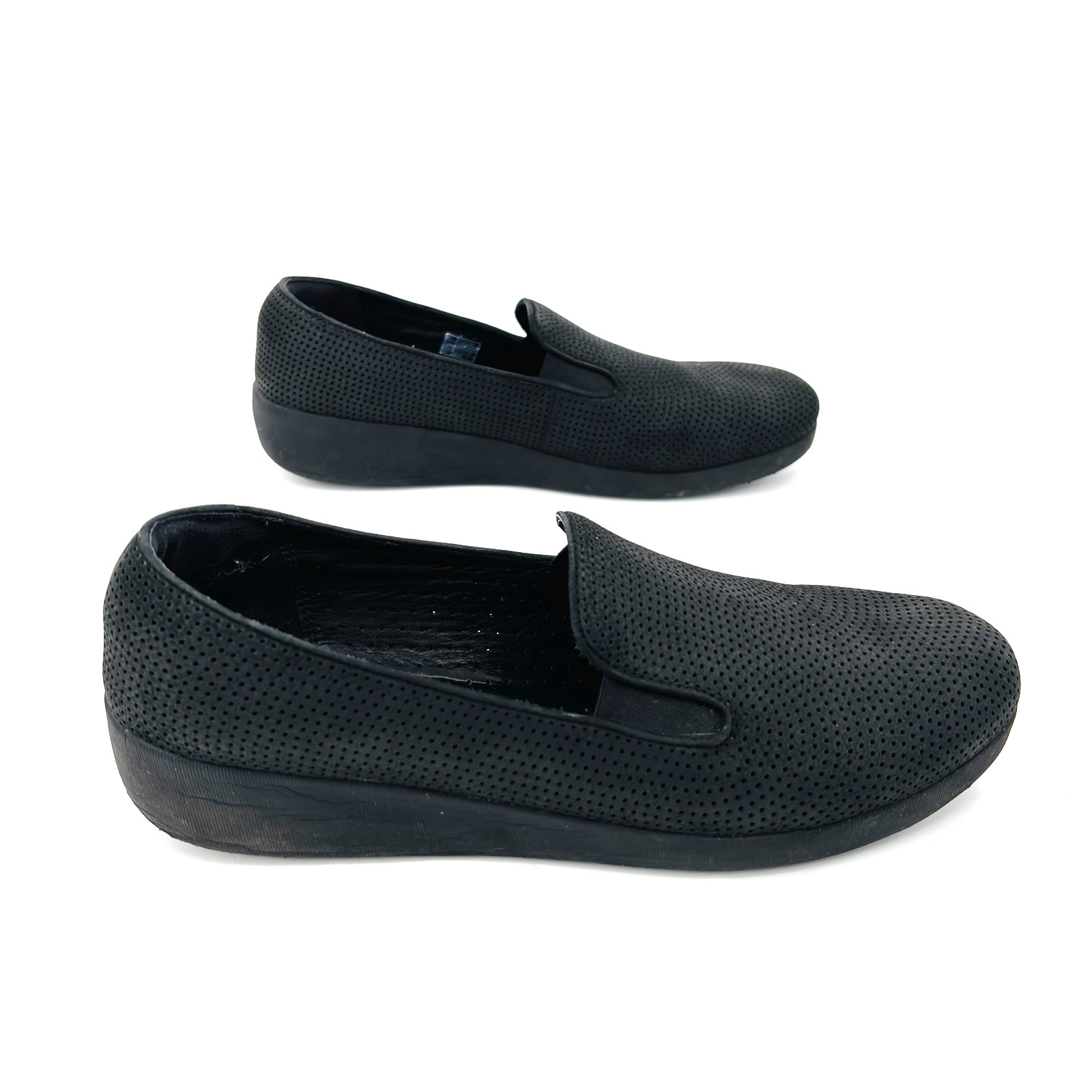 Womens 9 FitFlop SuperSkate Slip On Black Leather Loafers Shoes C27-001