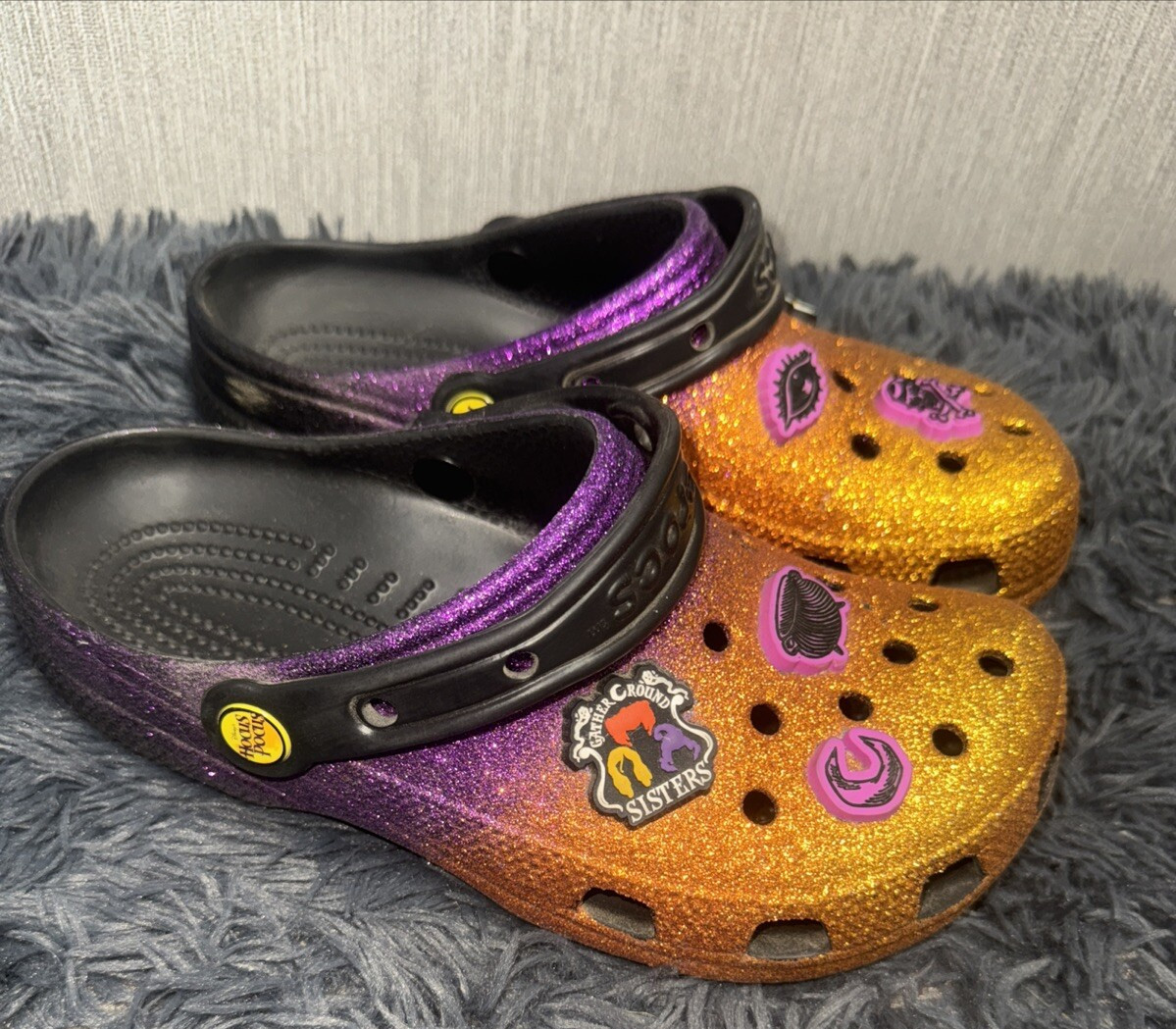 Hocus Pocus Crocs W6 M4 Glitter Halloween Clogs Orange Purple Spooky Sandals
