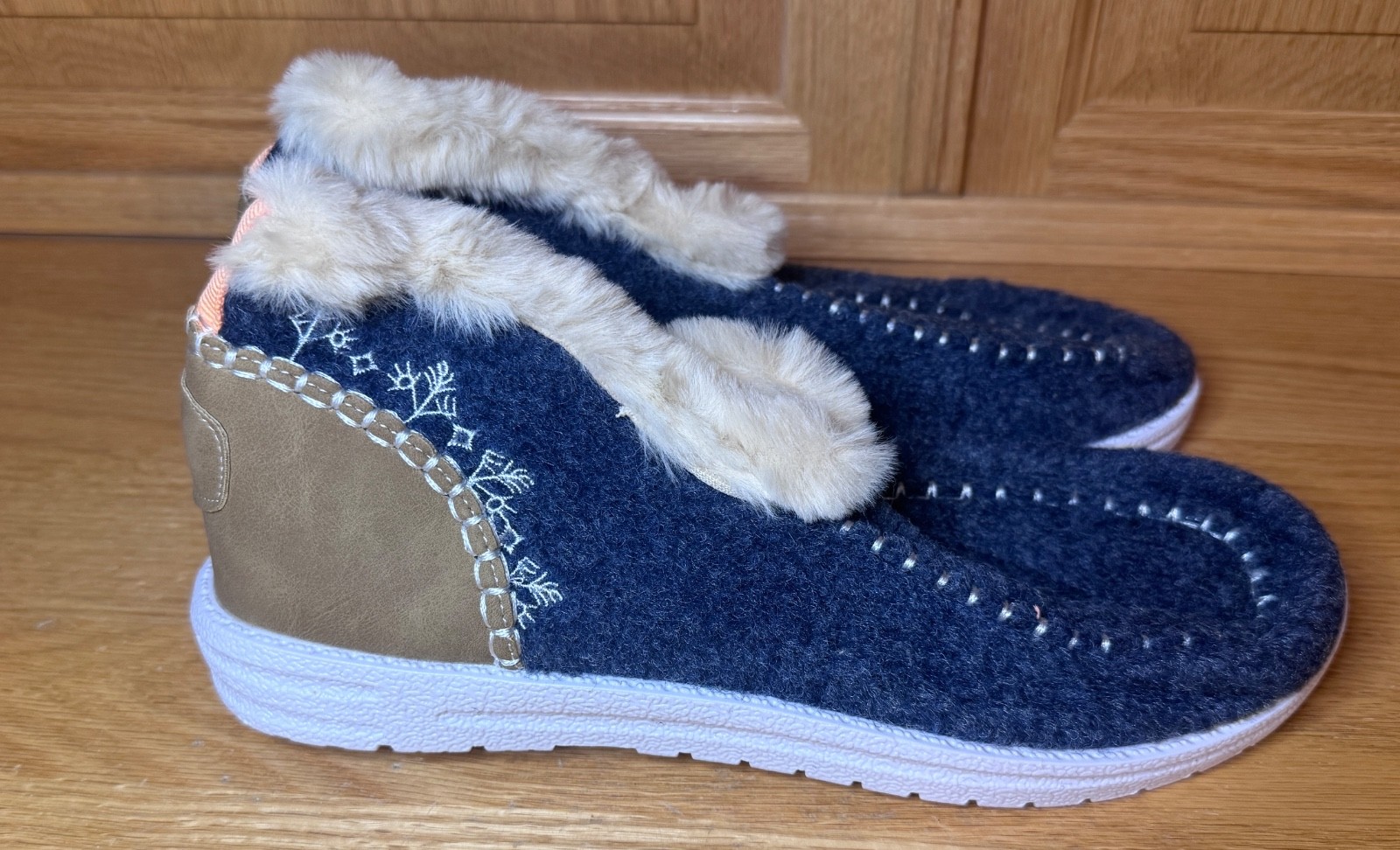 New Women’s Sz 8 1/2 Uk 6.5 Eur 39 Blue Fabric Faux Fur Lined Shoes