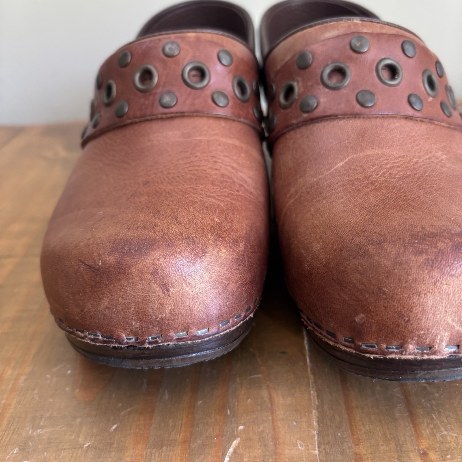 Sanita Caddo Brown Leather Studded Clogs-Size 37-US Size 5.5-6-Boho/Comfort