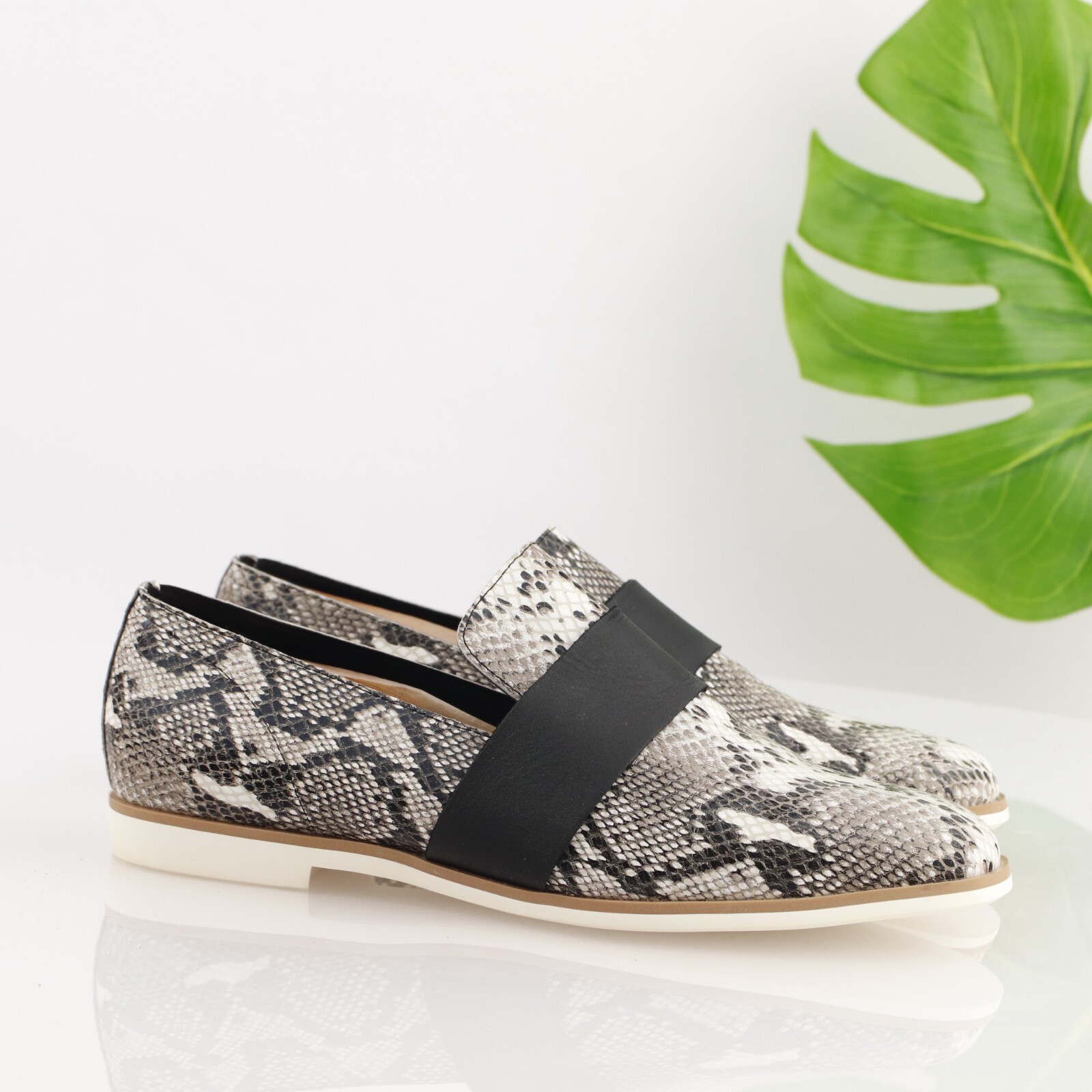 ALL-BLACK Womens Loafer Size 39.5 9 Black Gray Leather Python Slip On Shoe Flat