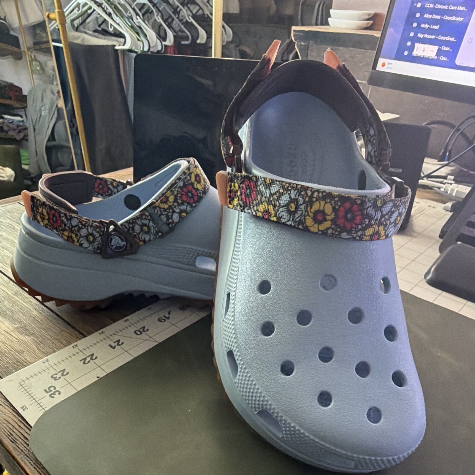 Crocs pale blue Slip-On Platform Clogs Sandals Adjustable strap, US M9 W11
