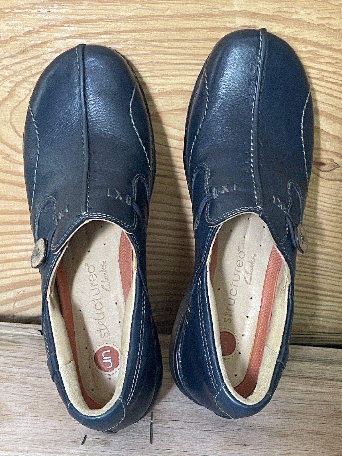 Clarks Womens Shoes Navy Leather Size 7 N Slip On Comfort Unstructured Un Loop