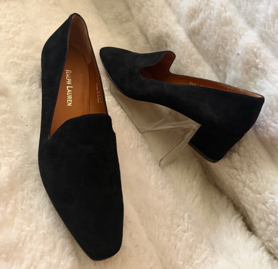 RALPH LAURED SIZE 6.5 Black Suede Covered Block Heel JADA Slip On Almond Toe