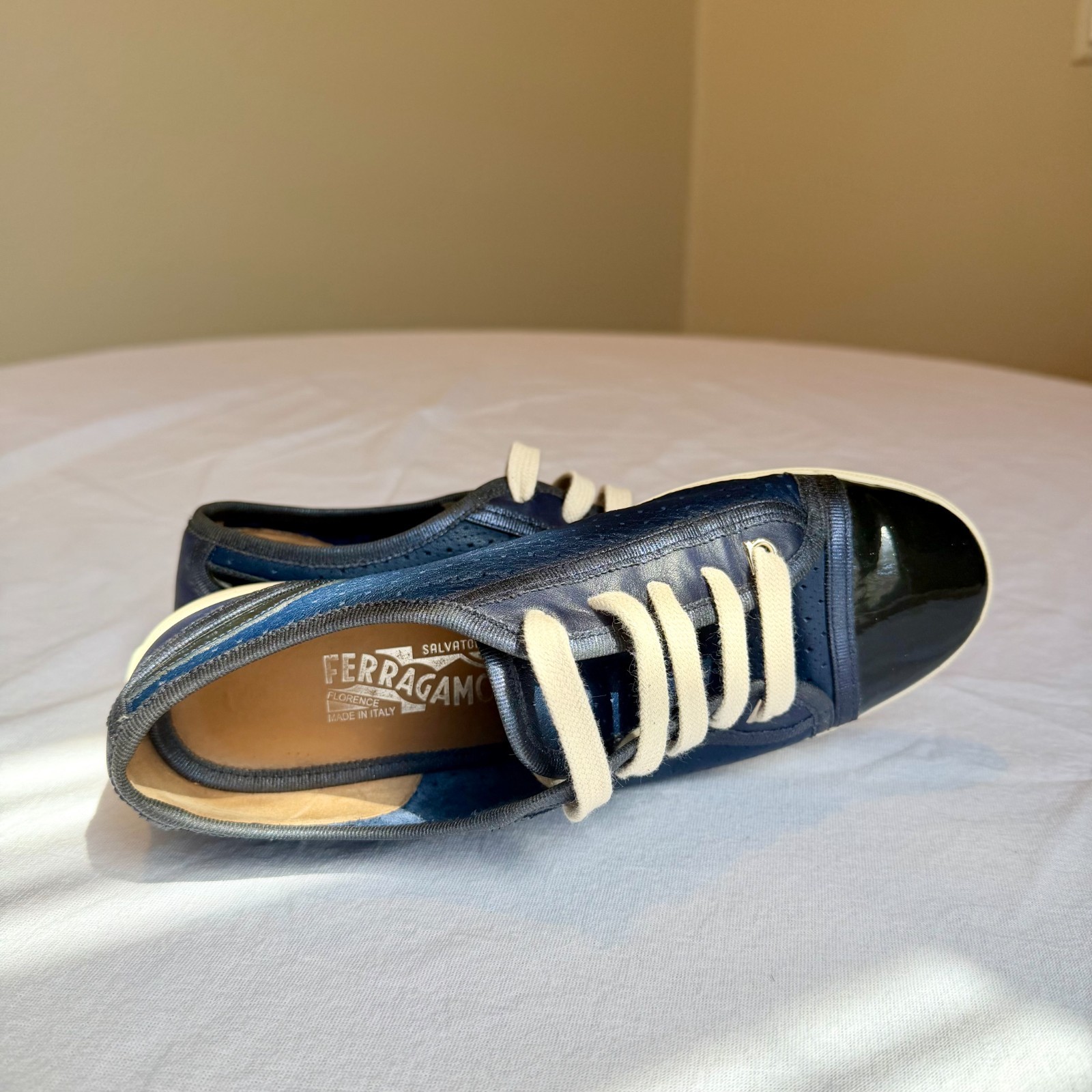 Salvatore Ferragamo Soho Perforated Sneakers Navy Leather Women’s Size 7.5 M