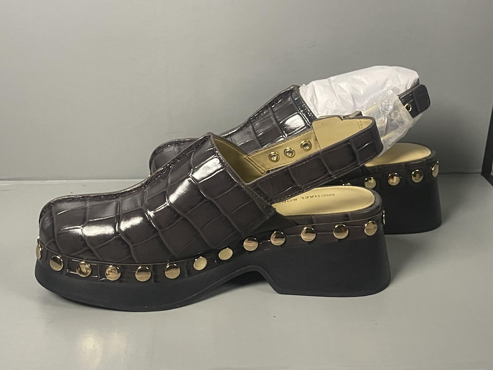 Michael Kors Esra Clog Shoes Womens Size 5 Brown Leather Studded Platform Clogs