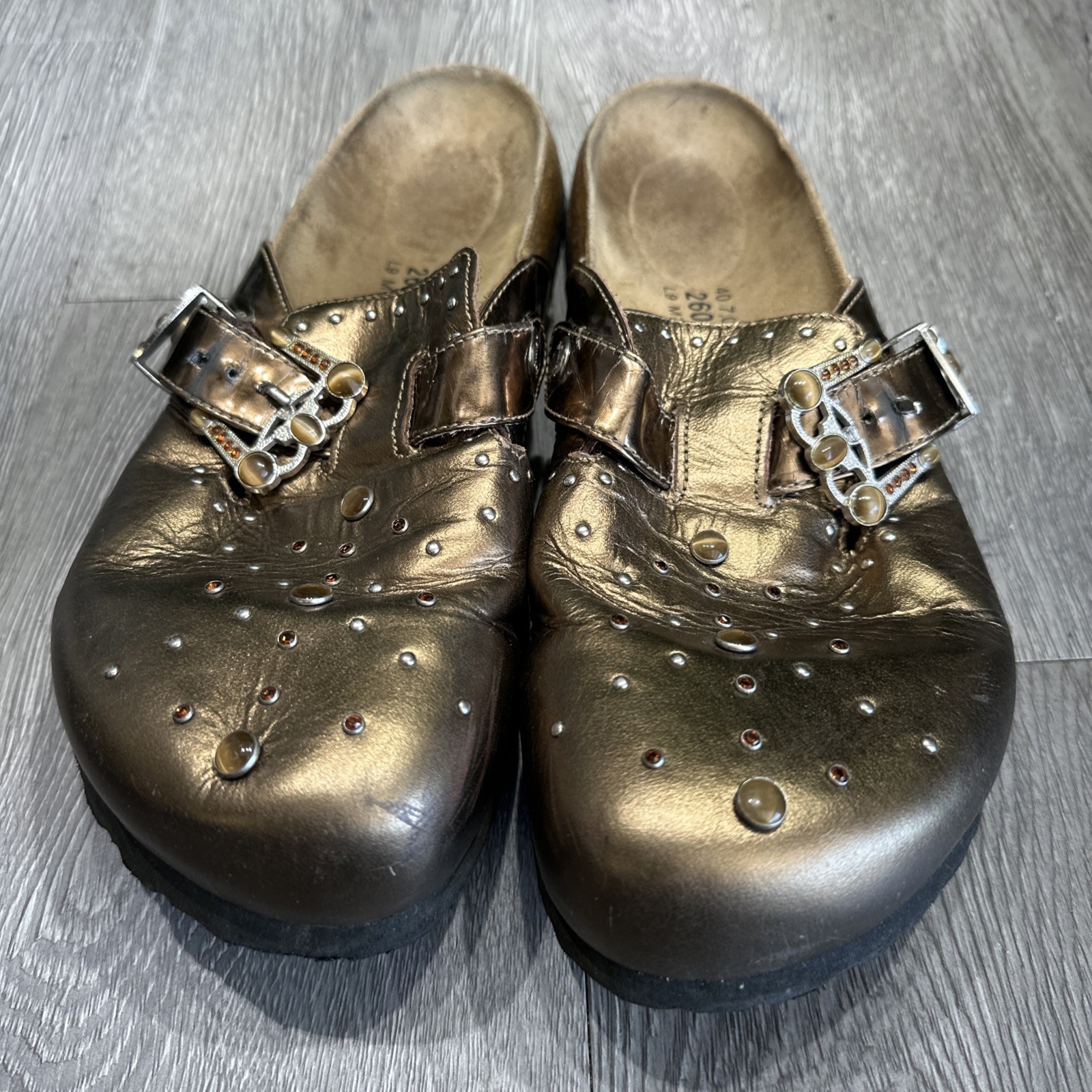Birkenstock Betula Boston Clogs Rocko Gold Leather Buckle Rhinestones Sz 9