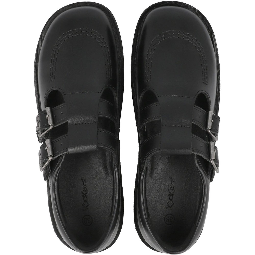 Kickers Kick T Double Black School Shoes Leather T-Bar Buckle Grip Kids