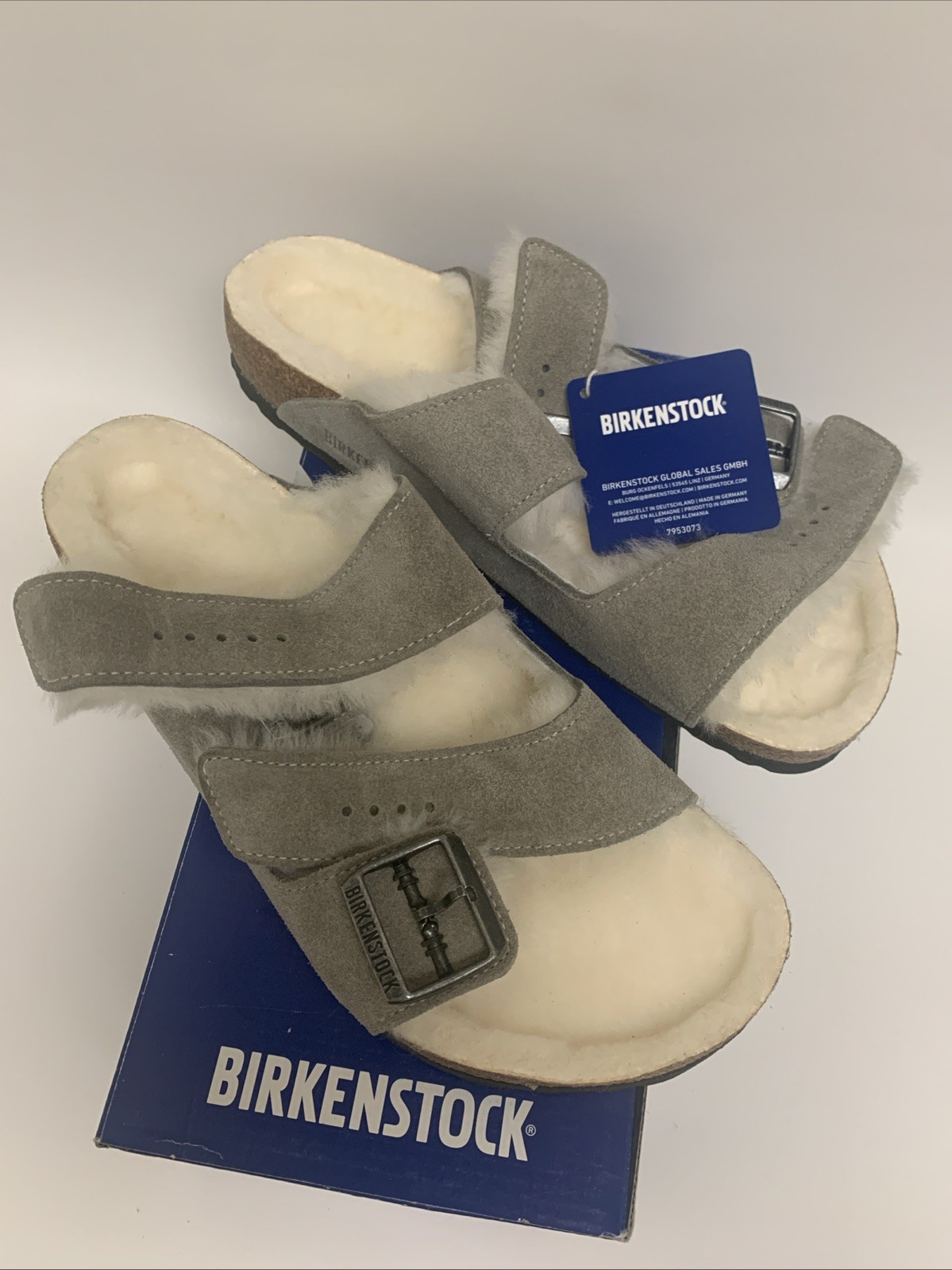 Birkenstock Arizona Shearling Sandal Women’s Size 9 Stone Coin Gray NWB
