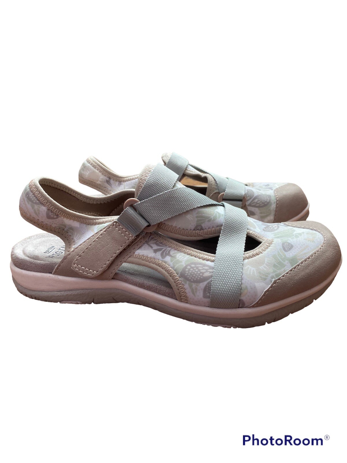 Womens Earth Origins Slip-On Adjustable Strap Size 7 Floral Cloth and Suede
