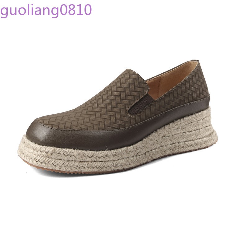 Weave Women’s Leather Casual Shoes Round Toe Platform Wedge Heel Loafer Platform