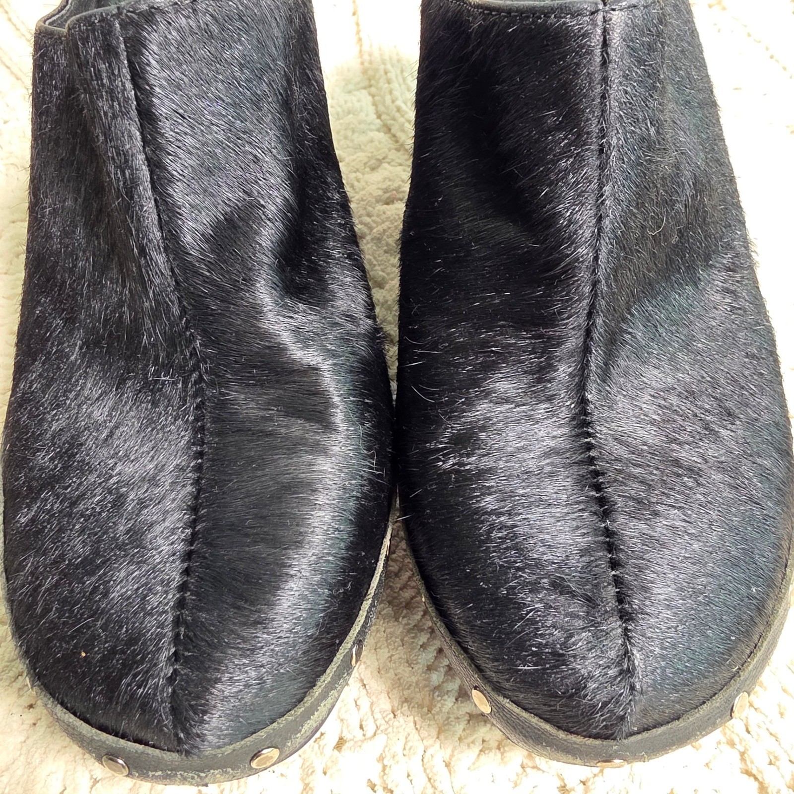 Antelope Clogs Mules Pony Hair Black Studded Leather Wedge Women 39 8 8.5