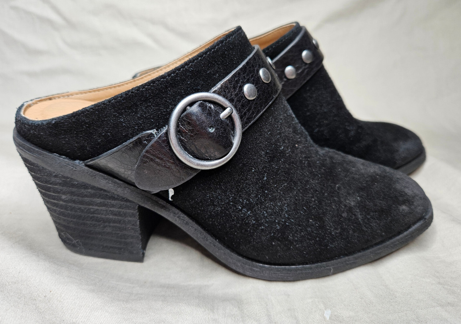 Sofft Mules Slides Womens 6 Black Leather Suede Buckle Studded Strap Block Heels