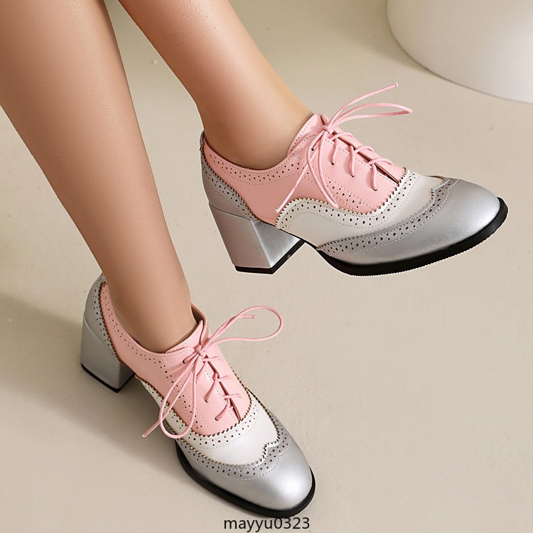 Womenn’s Colorblocks Splicing Patchwork Mid Chunky Heel Wing Tip Shoes Oversize