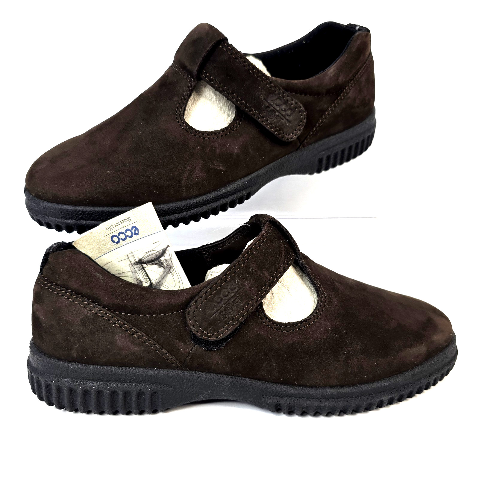 NWT ECCO Soft Women Size US 6-6.5 Brown Suede Mary Jane Hook Loop Comfort Shoes