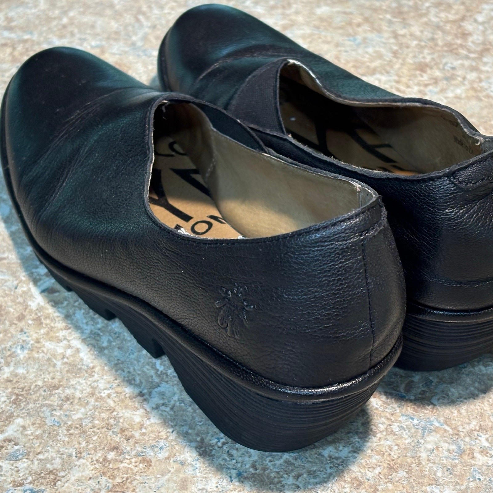 Fly London Black Peso Wedge Classic Comfort Leather Slip on Shoes Size 40