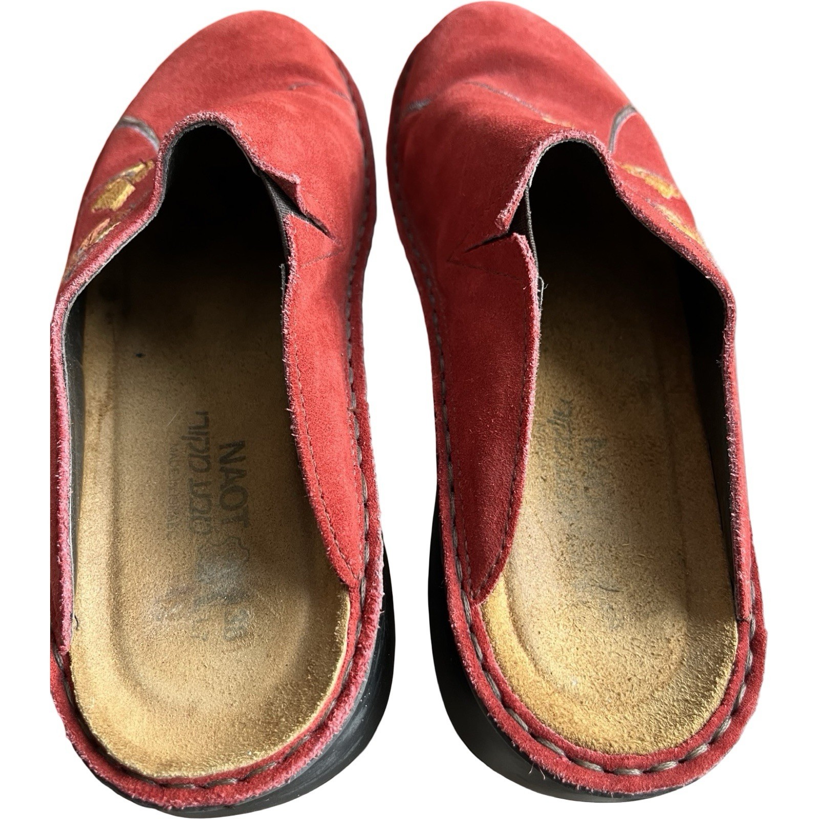 NAOT Size 38 Mule Shoes Red Suede Embroidered Flowers US Size 7.5 Slip On