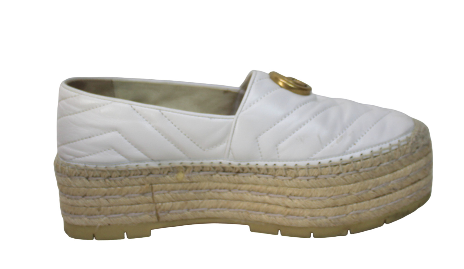 GUCCI SHOES PILAR WHITE CHEVRON LEATHER GG PLATFORM ESPADRILLE $790 39.5 US 9.5