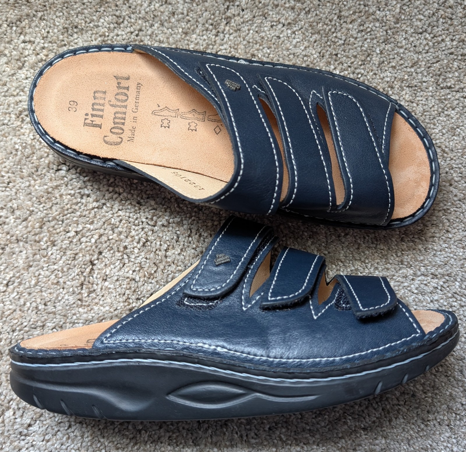 Finn Comfort mule sandals 3 strap leather Andros slide navy blue EU 39 womens 8