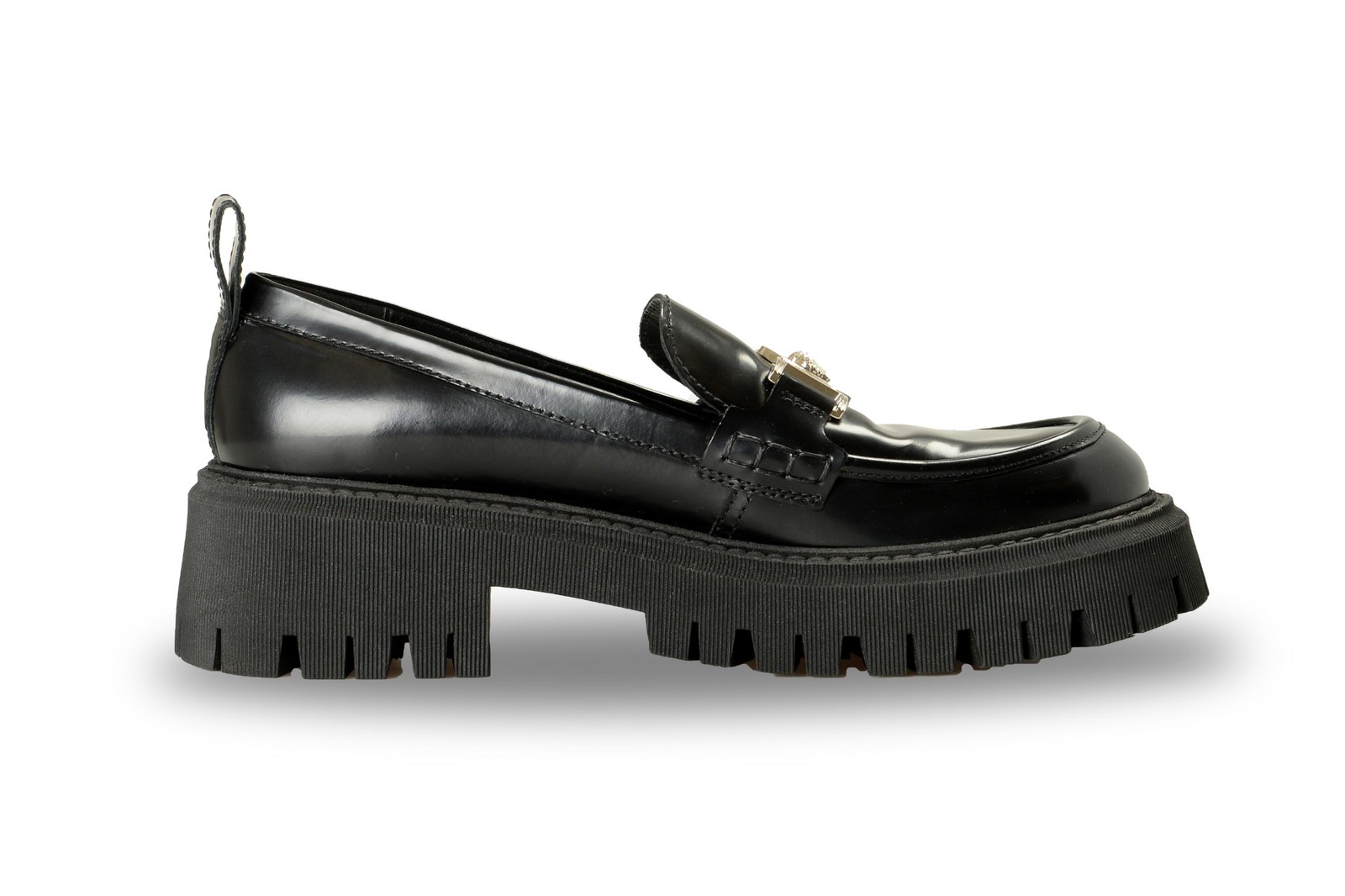 Versace Women’s Black 100% Leather Silver Medusa Head Loafers Shoes US 8 IT 38