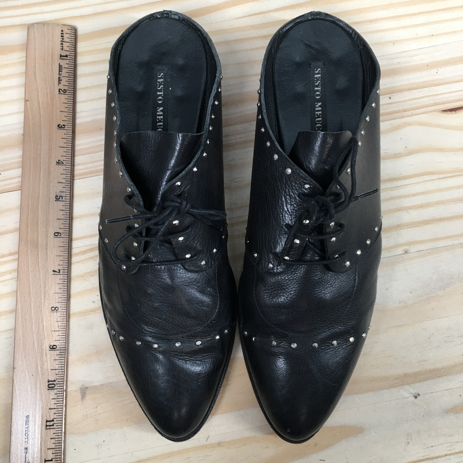 Sesto Meucci Mules Womens 40 Black Almond Toe Laced Up Block Casual Leather