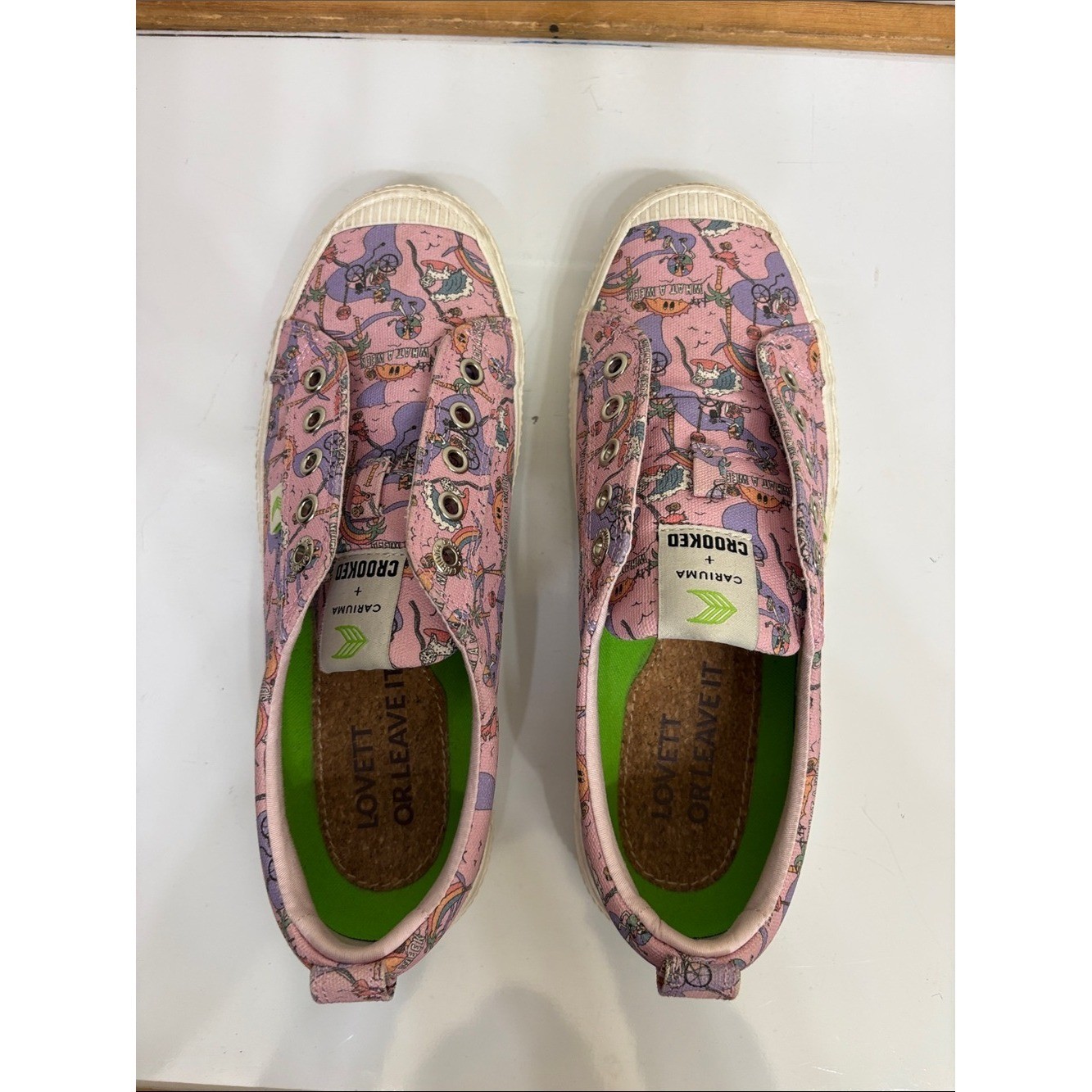 Cariuma Women’s Pink Graphic Slip-On Sneakers with Multi-Color Print