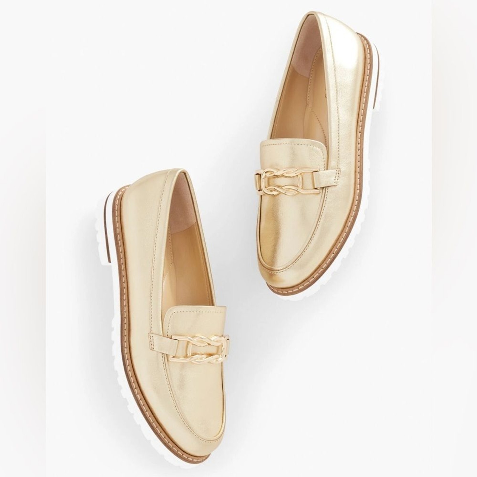 Talbots Laura Link Gold Leather Chain Bit Lug Sole Loafers Preppy Classic 9.5