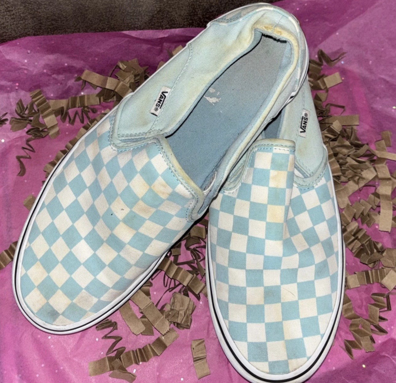 VANS Blue/White Checkerboard Slip-On Canvas Shoes Rubber Sole Unisex 9.5